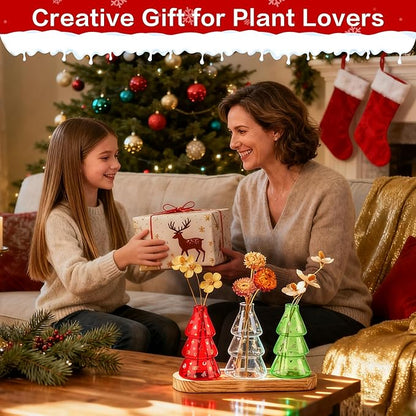Plant Propagation Stations with Vintage Wooden Pallet,Tricolor Christmas Tree Glass Vase for Plants with DIY Sticker Decoration and Cleaning Brush,Thoughtful and Elegant