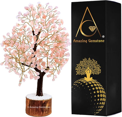 Amazing Gemstone Rose Quartz Tree Fung Shui Crystal Money Tree for Positive Environment, Healing Energy (Gift-Box Added)