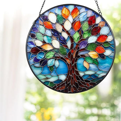 7.8″Tree of Life Stained Glass Window Hanging,Glass Panel Blue Suncatcher for Windows Hanging - Decoration for Home Garden Christmas Party Wedding Housewarming Gifts