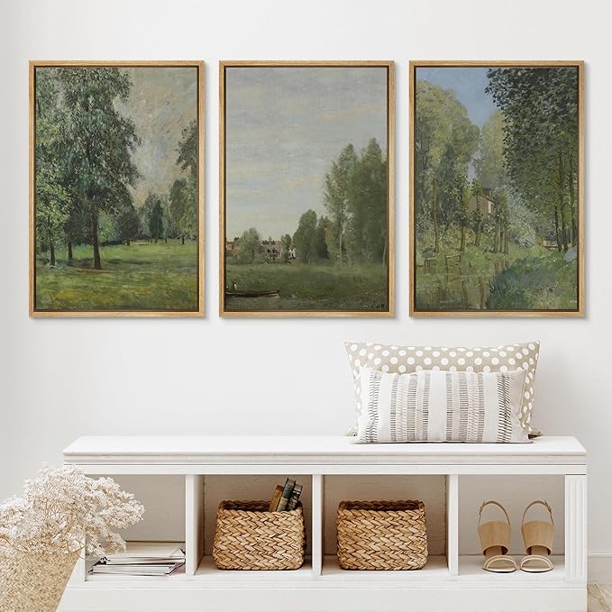 Ashbrook Framed Canvas Print Wall Art Set Fine Art Watercolor Emerald Green Forest Landscape Nature Wilderness Illustrations Floral Botanical Minimal Calm/Relax for Bedroom - 16"x24"x3 NATURAL