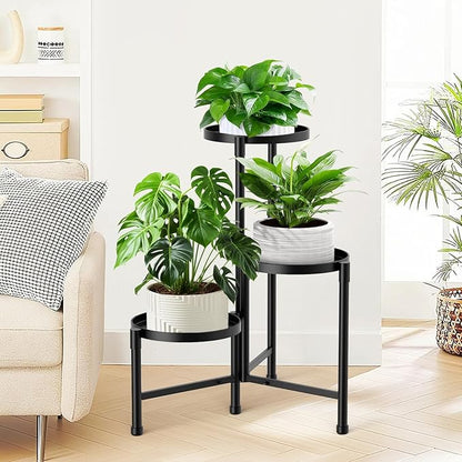3 Tier Corner Plant Stand Indoor Outdoor, Metal Plant Shelf with 10 Inch Wide Tray,Flower Pot Display Holder Iron Rack Organizer Stand for Living Room Office Garden Patio Balcony Black