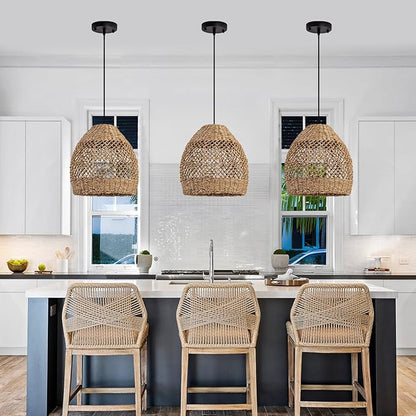 Boho Rattan Pendant Lights 13.8" Hand-Woven Farmhouse Dining Room Light Fixture Bell Ceiling Hanging Chandelier Handwoven Seagrass Lampshade for Kitchen Island Entry Living Room Bedroom Foyer