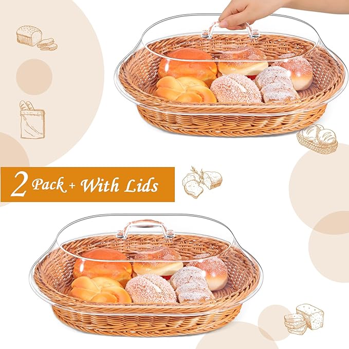 Hushee 2 Set Imitation Rattan Bread Basket with Lid Wicker Bread Baskets for Serving Woven Fruit Basket with Cover Oval Food Baskets for Food Vegetables Display(13.78 x 9.84 Inch)