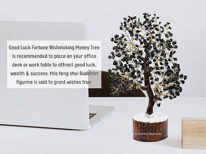 Black Tourmaline Natural Healing Premium Crystal Bonsai Feng Shui Fortune Money Tree of Life for Home Office Decor (Gift Box Ready,10-12 Inch)
