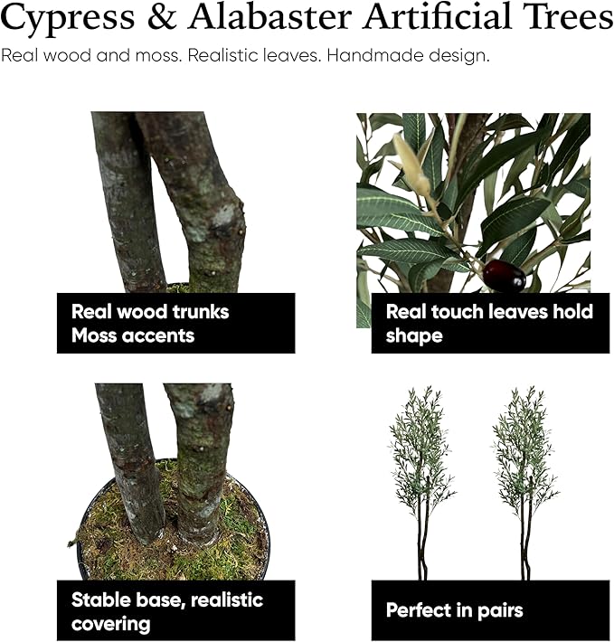 Cypress & Alabaster Handmade 6ft Young Olive Artificial Tree with Ethically Sourced Real Wood Trunks, Hypoallergenic, 6-Foot, Green