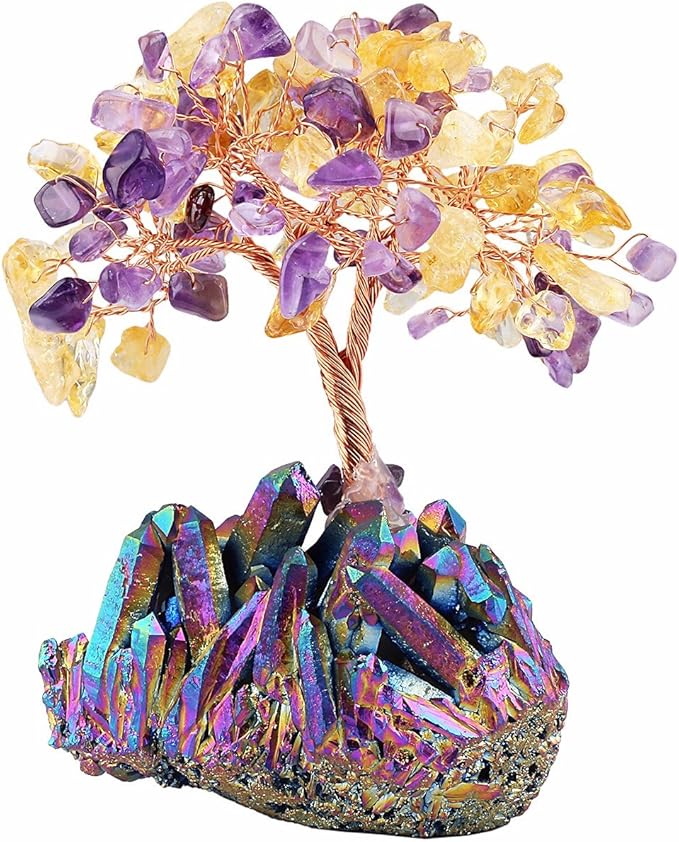 mookaitedecor Citrine & Amethyst Crystal Tree, Quartz Cluster Rainbow Titanium Crystals Base Bonsai Money Tree for Wealth and Luck