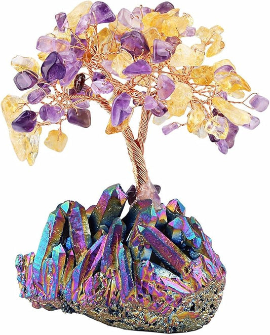 mookaitedecor Citrine & Amethyst Crystal Tree, Quartz Cluster Rainbow Titanium Crystals Base Bonsai Money Tree for Wealth and Luck