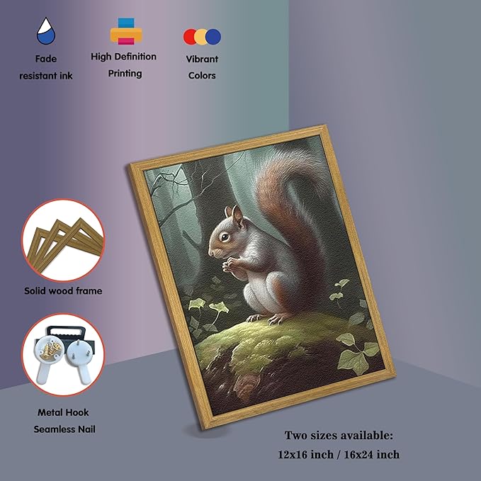 SAMHOU Framed Vintage 3D Textured Wall Art, Hand Drawn Sandstone Squirrel Prints Pictures, Dark Nature Animal Wall Decor for Living Room Bedroom Bathroom Nursery 12x16 inch