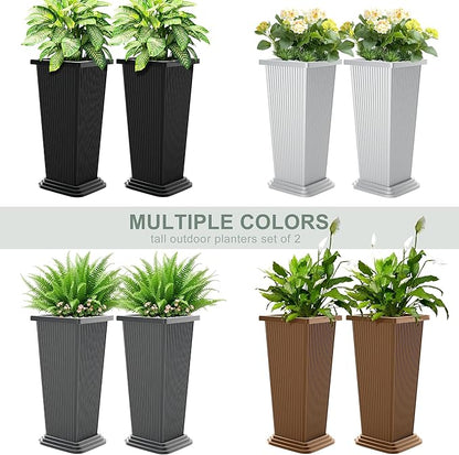 Tall Planters Set of 2, Large Indoor Outdoor Flower Pots with Tray Modern Tapered Planter for Patio, Garden, Porch, Backyard (White Ribbed 24")