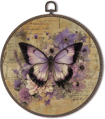 XNXLDYLH Vintage Purple Butterfly Round Framed Wall Art Decor, Purple Flower Moth Cottagecore Kitchen Bathroom Hanging Wall Decor Decorations, Rustic Antique Canvas Prints Wall Art Paintings,10x10Inch