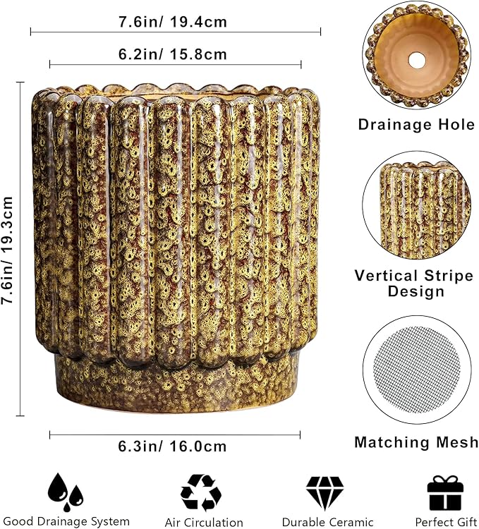 Ceramic Planter - 7.6 Inch Ceramic Plant Pots Indoor, Round Flower Pots with Drainage Hole, Fluted Decorative Outdoor Planters, Office Home Decor, Plant Lover Gifts, Yellow