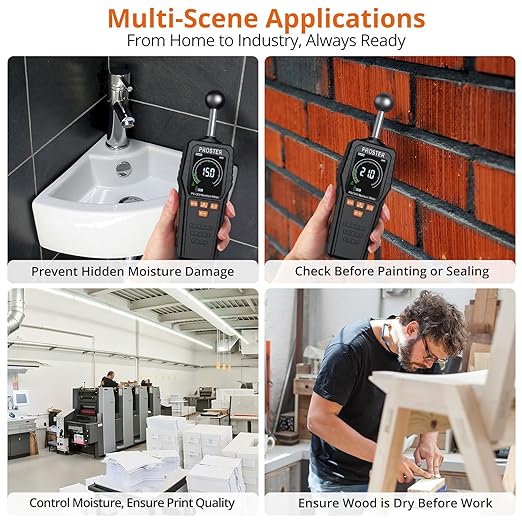 Proster 2-in-1 Pin & Pinless Moisture Meters for Walls - Rechargeable Damp Meter with 3-Colour Bar Graph LCD Display Customizable Alarms Wood Moisture Meter for Building Materials Concrete Plaster