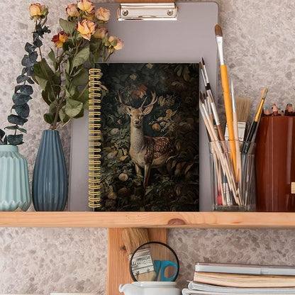 XPH William Morris Deer Spiral Notebook, Dark Cottagecore Journaling Notebooks for Note Taking, Vintage Botanical Buck Hardcover Journal for Writing 160 Pages 5.5 x 8.3 Inch, Deer Gifts for Women