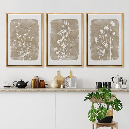 Ashbrook Framed Canvas Print Wall Art Set Vintage Country Farmhouse Flower Silhouette Nature Wilderness Illustrations Floral Botanical Minimal Calm/Relax/Cozy for Bedroom - 24"x36"x3 NATURAL