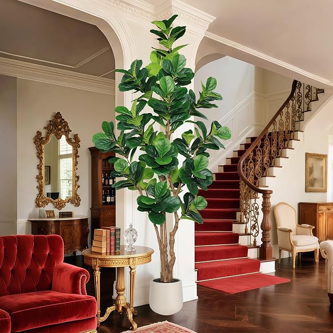 8 FT Artificial Fiddle Leaf Fig Tree with White Planter and Black Pebble, Tall Faux Ficus Lyrata with Thick Trunk and Emerald Leaves, Fake Ficus Tree for Office Home Indoor Decor