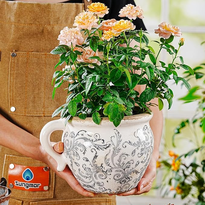 Sungmor Set of 2 Vintage Ceramic Planters with Handle - Rustic Crackle Glaze Flower Pots with Scroll Design, Drainage Hole Indoor Outdoor Decorative Plant Containers, Tuscan Decor Pots
