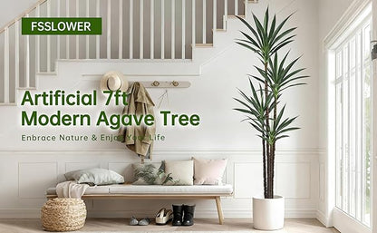 Artificial Agave Tree 7FT with 60 Leaves & 4 Trunks & Elegant Black Pot Realistic Tall Large Fake Faux Modern Tree 84 Inch for Indoor Home Office Porch Store Corner Decor Housewarming Gift