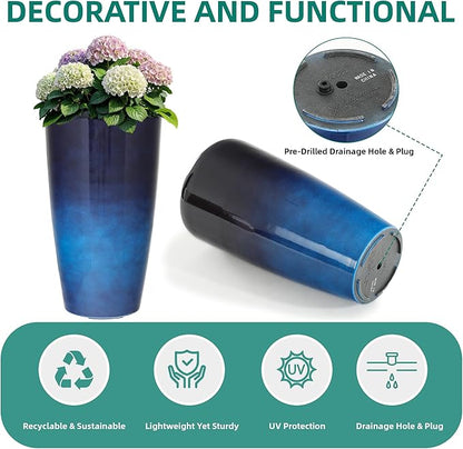 22.8" H Deep Water Blue Planters for Outdoor Plants, Set of 2 Large Flower Pot with Drainage Hole, Weather-Resistant for Porch,Garden,Patio or Indoor Use. Ideal for Christmas Decoration