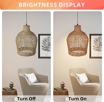 Arturesthome Rattan Pendant Light Woven Chandelier Handwoven Boho Coastal Pendant Lighting Rattan Basket Ceiling Hanging Light for Dining Room Living Room D 11.8″* 15.7″