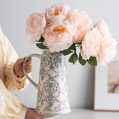 Blue and White Vase, Vintage Blue Ceramic Flower Vessel,Ceramic vases for Home Decor,Vintage Vase for Home Decor, Living Room, Shelf, Office, Rustic Table Centerpiece (Tall)