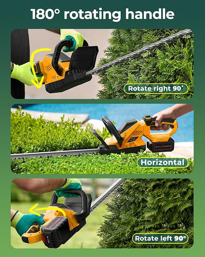 20'' Hedge Trimmer Cordless with 2pcs 4000mAh Battery, Electric Handheld Bush Clipper with Rechargeable Batteries, 3000RPM 180° Rotatable Head, 2/3'' Blade Gap, Yellow
