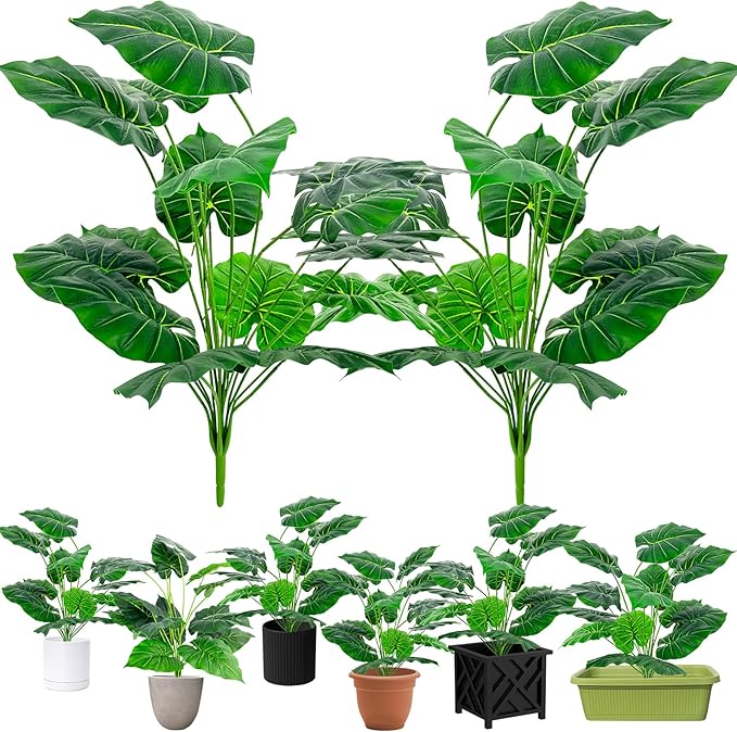 Artificial Faux Alocasia Tree Leave Plants - 2PCS 28'' Tall Fake Alocasia Leaf Plant Indoor Outdoor, Large Faux Floor Plant for Living Room Bathroom Bedroom Plants Decor, Farmhouse Home House Decor