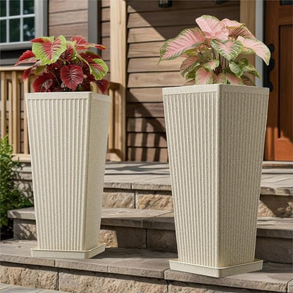 Tapered Tall Planters for Outdoor Plants 2 Pack- 23.6 Inch Heavy-Duty Classic Square Indoor Flower Pots with Drainage Holes/Partition/Tray, Large Outdoor Planters for Porch Patio, Beige