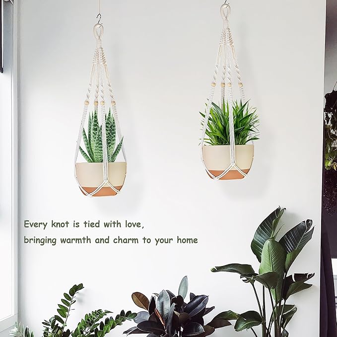35 Inch Macrame Plant Hanger Indoor Outdoor Fits 4 to 15 inch pots Hanging Planter Basket with Wood Beads and No Tassels,Boho Home Decor,Ivory,Set of 3 (Pots Not Included)