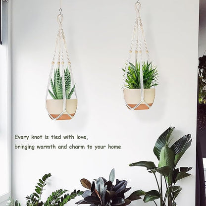 35 Inch Macrame Plant Hanger Indoor Outdoor Fits 4 to 15 inch pots Hanging Planter Basket with Wood Beads and No Tassels,Boho Home Decor,Ivory,Set of 3 (Pots Not Included)