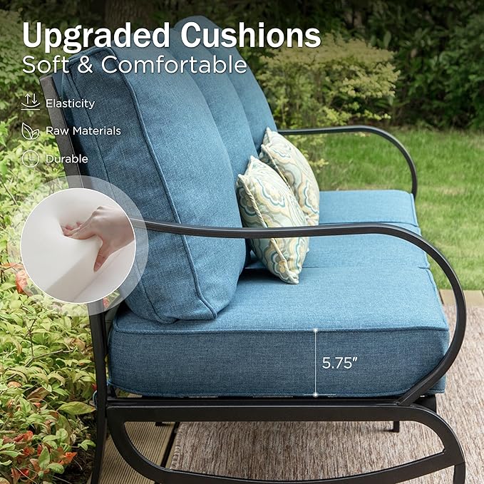 PHI VILLA 5 PCS Patio Furniture Set,Metal Deluxe Patio Set with 1 x 3 Seater Deep Seating Bench, 2 x Swivel Sofa Chairs & 2 x Metal Cushioned Ottoman, Outdoor Patio Set for Garden, Navy Blue