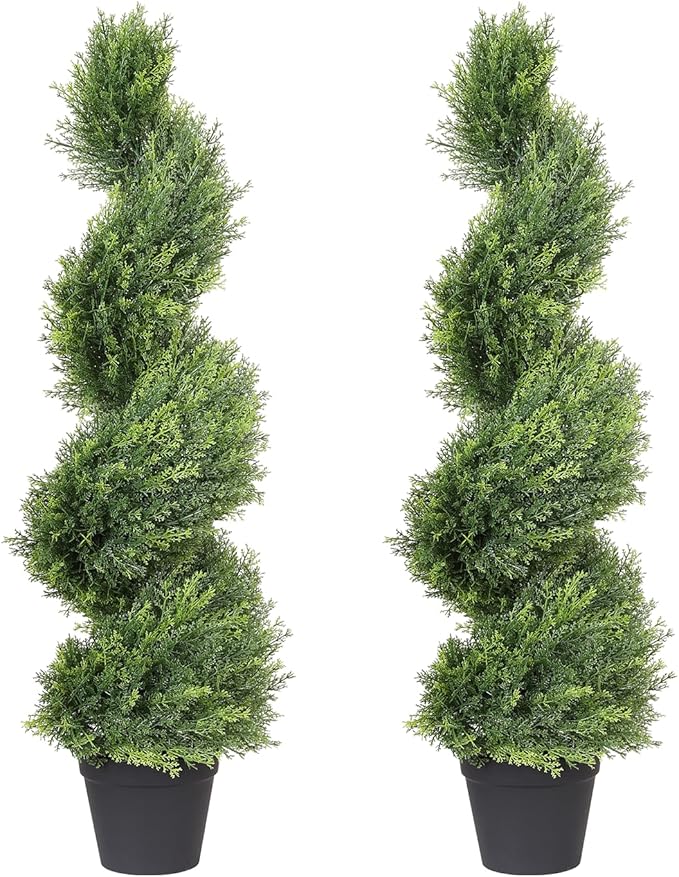 THE BLOOM TIMES 3ft Artificial Topiary Trees Set of 2, 36 inch Faux Cedar Cypress Spiral Topiary Trees Outdoor - Fake Plants for Garden Front Porch Indoor Outside Planter Christmas Decor 3 Foot
