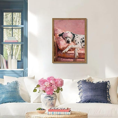 Vintage Framed Dalmatian Wall Art, Cute Dog Canvas Prints Home Decor, Pink Aesthetic Oil Painting, Dalmatian in Sleep Mask Picture Wall Decor for Bedroom Living Room Dormitory – 8x10 inch