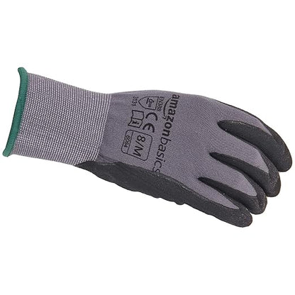Amazon Basics Micro-Foam Nitrile Coated Work Gloves, Nylon Liner Fiber, Touch Screen, Size 8/M, 12 Pairs, Grey