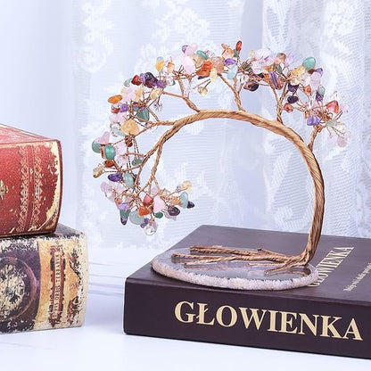 mookaitedecor Colorful Crystal Money Tree Agate Slice Base Feng Shui Bonsai Crystal Tree for Wealth Luck Desk Decor, 4.5-5.2 Inch High
