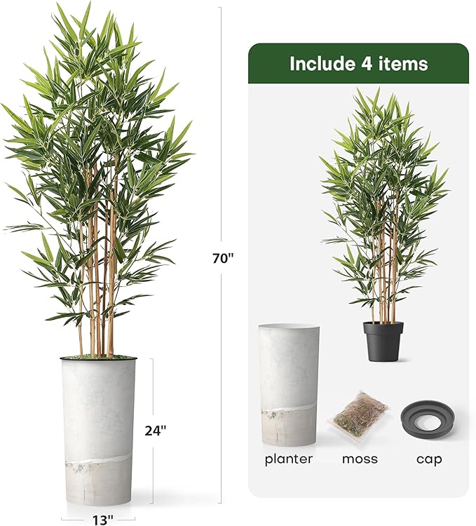 Artificial Tree in Gray Tan Watercolor Abstract Planter, Fake Bamboo Silk Tree for Indoor and Outdoor Home Decoration - 70" Overall Tall (Plant Pot Plus Tree)
