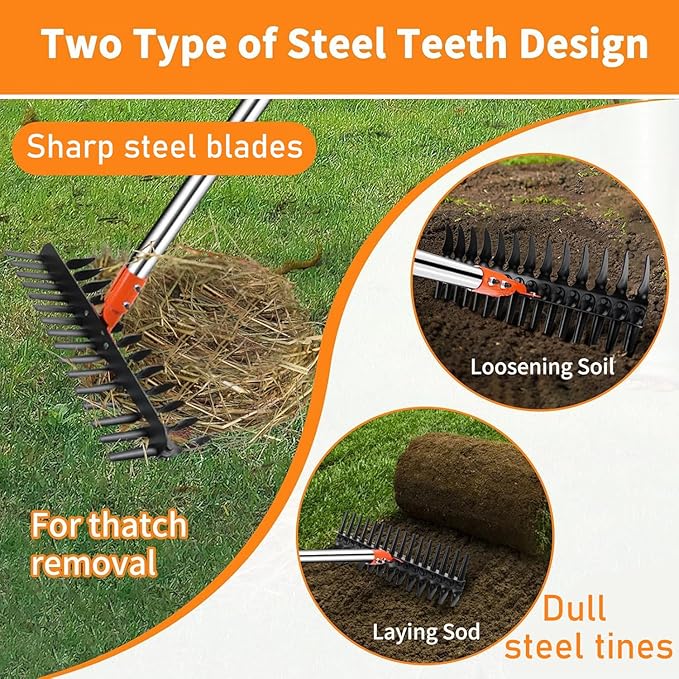 Thatch Rake for Lawns - 15” Wide Dethatcher Rake with Upgraded Dual-Action Tines & 57” Adjustable Handle, Heavy Duty Steel Garden Rake Includes Reusable Waste Bag and Gloves