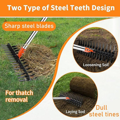 Thatch Rake for Lawns - 15” Wide Dethatcher Rake with Upgraded Dual-Action Tines & 57” Adjustable Handle, Heavy Duty Steel Garden Rake Includes Reusable Waste Bag and Gloves