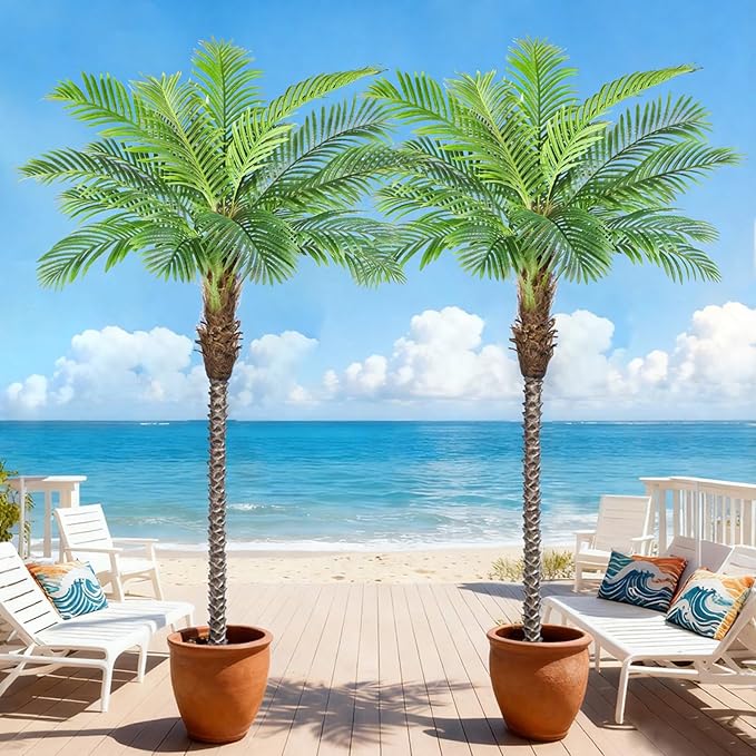 8ft Tall Artificial Phoenix Palm Tree for Outdoor Indoor Decor, Large Faux Coconut Silk Palm Tree Tropical Fake Tree Perfect for Outside Patio Poolside Home Office Decor (Set of 2)