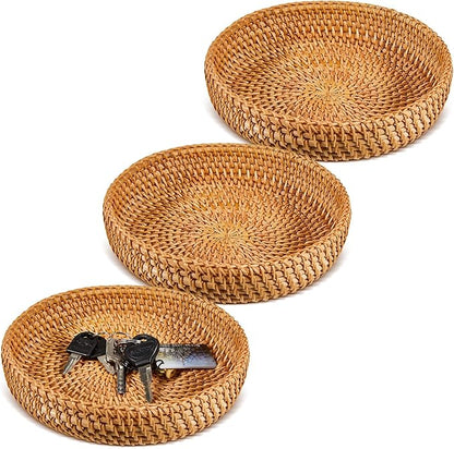 Hushee 3 Pcs Small Round Keys Basket for Entryway Woven Bowl Basket Rattan Wicker Round Tray Organizing for Keys Wallet Cell Phone Tabletop Serving Fruit Food Holder Decorative Table Storage