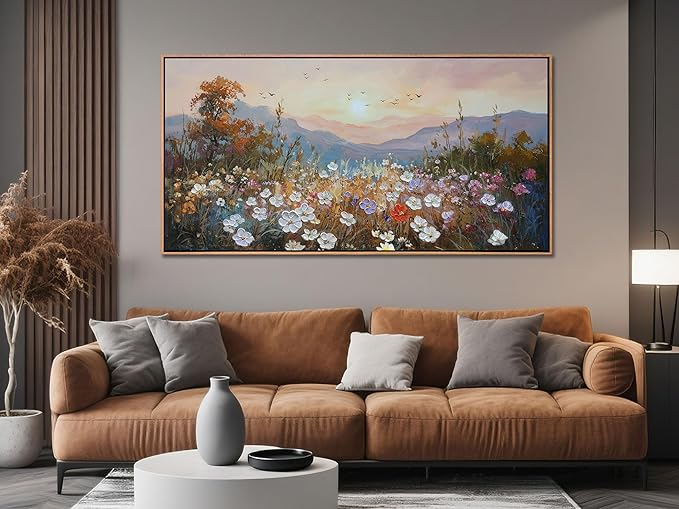 Framed Landscape Wall Art Canvas Painting Extra Large Wall Decor for Living Room, Nature Wildflower Picture Scenry Artwork Textured for Bedroom Dining Room Kitchen Home Office 58"x29"