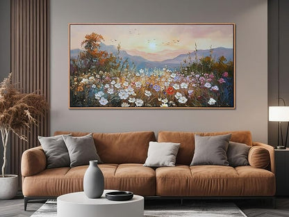 Framed Landscape Wall Art Canvas Painting Extra Large Wall Decor for Living Room, Nature Wildflower Picture Scenry Artwork Textured for Bedroom Dining Room Kitchen Home Office 58"x29"