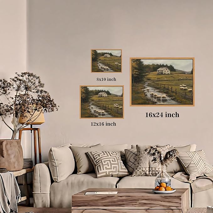 SAMHOU Floating Framed Canvas Wall Art, Vintage French Country Farmhouse Landscape Wall Decor, Rustic Meadow Flock of Sheep Poster Prints Picture for Living Room Bedroom Home Decor 12x16 inch