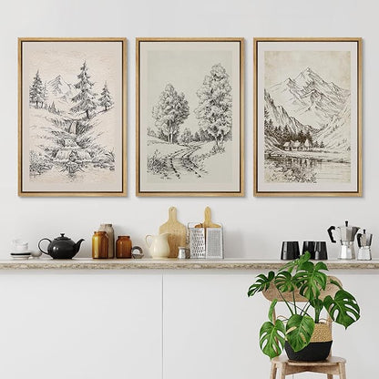 Ashbrook Framed Canvas Print Wall Art Set Vintage Country Forest Landscapes Nature Wilderness Illustrations Fine Art Floral Botanical Minimal Calm/Relax/Cozy for Bedroom - 16"x24"x3 NATURAL