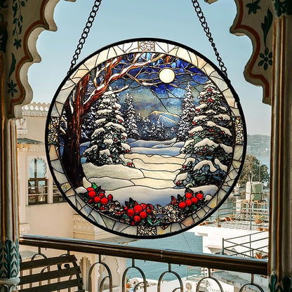 Stained Glass Window Hanging Christmas Tree Winter Snow Night Scenery 7.8" - Suncatcher Door Garden Kitchen Sun Catcher Home Decor Birthday for Mom Men Woman Friend