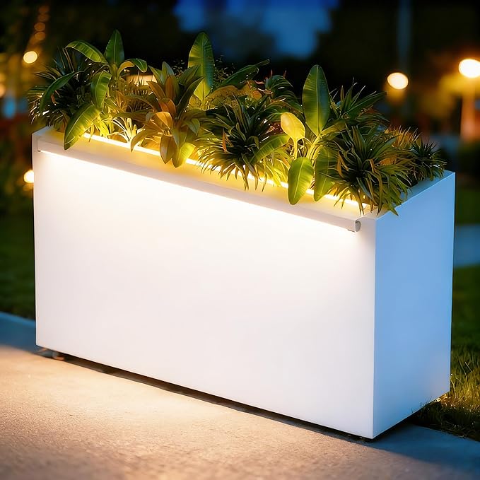 GSK 30" L White LED Metal Planter Flower Box Outdoor Illuminate Magnetic 3000K LED Light Strips Glow Vibe Modern Rectangle Raised Trough Drainage Holes Indoor Patio Balcony or Garden Decor