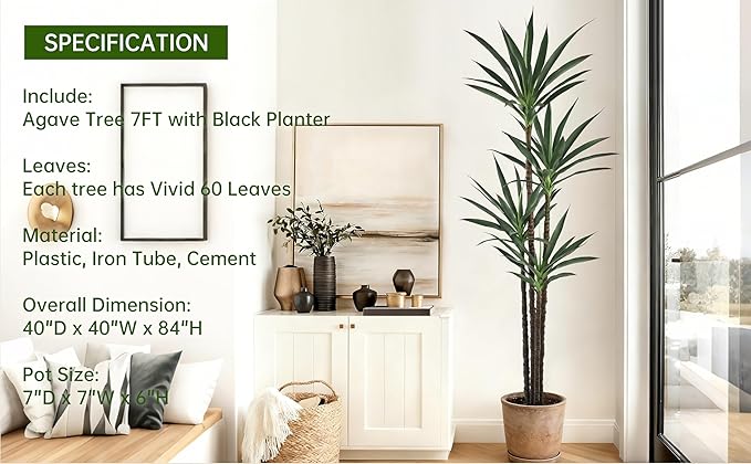 Artificial Agave Tree 7FT with 60 Leaves & 4 Trunks & Elegant Black Pot Realistic Tall Large Fake Faux Modern Tree 84 Inch for Indoor Home Office Porch Store Corner Decor Housewarming Gift
