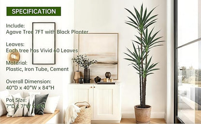 Artificial Agave Tree 7FT with 60 Leaves & 4 Trunks & Elegant Black Pot Realistic Tall Large Fake Faux Modern Tree 84 Inch for Indoor Home Office Porch Store Corner Decor Housewarming Gift