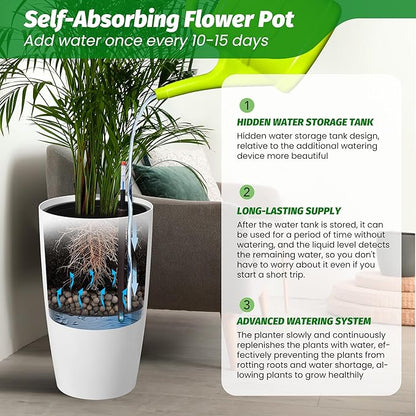 22" Tall Round Planter Set of 2, Self Watering Pots for Indoor Plants, Large Flower Pot Outdoor With Built-In Drainage and a Water Level Monitor, for Patio, Porch, Living Room, or Home Office, White