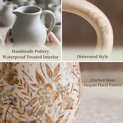 Purple and Borwn Floral Vintage Vase with Handle, French Country Floral Pitcher Vase, Rustic Ceramic Farmhouse Vases for Home Decor, Living Room, Bookshelf, Grand Millennial Tuscan Decor 8.7 in