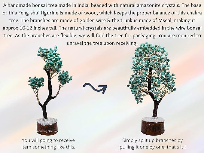 Amazing Gemstone Amazonite Natural Healing Premium Crystal Bonsai Feng Shui Fortune Money Tree of Life for Home Office Decor (Gift Box Ready) (10-12 Inch)